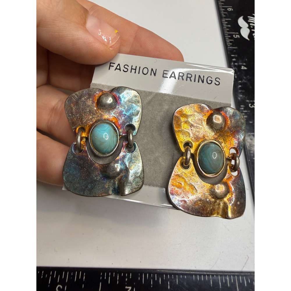 Iridescent Oil Slick Hammered Metal Faux Turquoise Abstract Stud Earrings